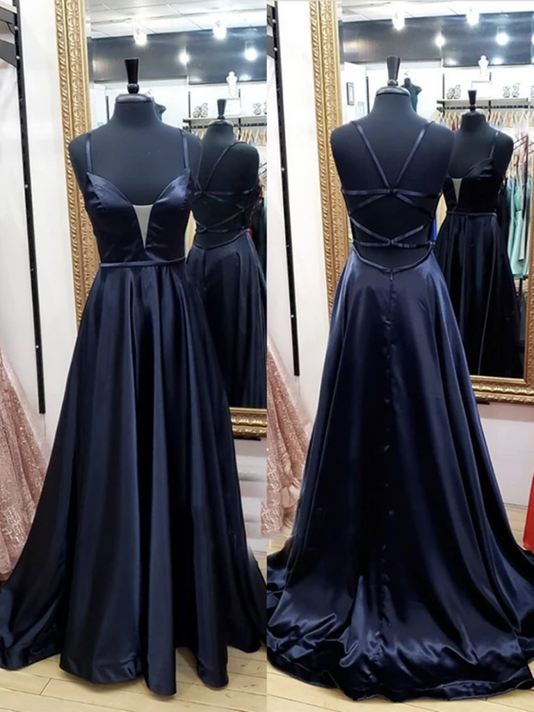 V Neck Black Backless Satin Long Prom Dresses, V Neck Black Backless Satin Long Formal Evening Dresses