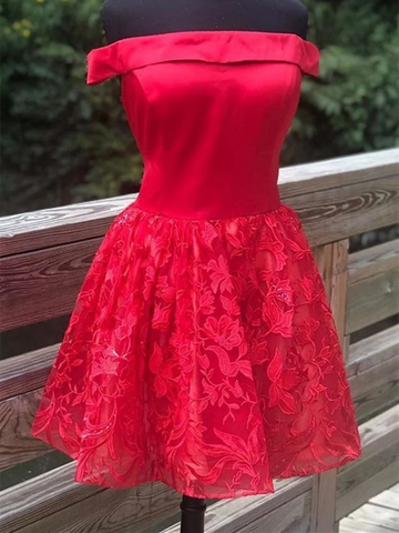 Off Shoulder Short Red Lace Prom Dresses, Off The Shoulder Red Lace Formal Graduation Dresses, Red Lace Homecoming Dresses