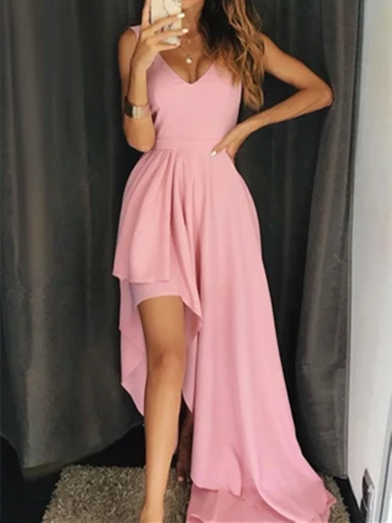 Simple A Line V Neck High Low Pink Long Prom Dresses, Unique Pink High Low Formal Evening  Dresses