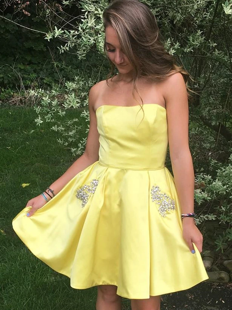 Strapless Short Yellow Prom Dresses with Pockets, Short Yellow Formal Graduation Homecoming Dresses
