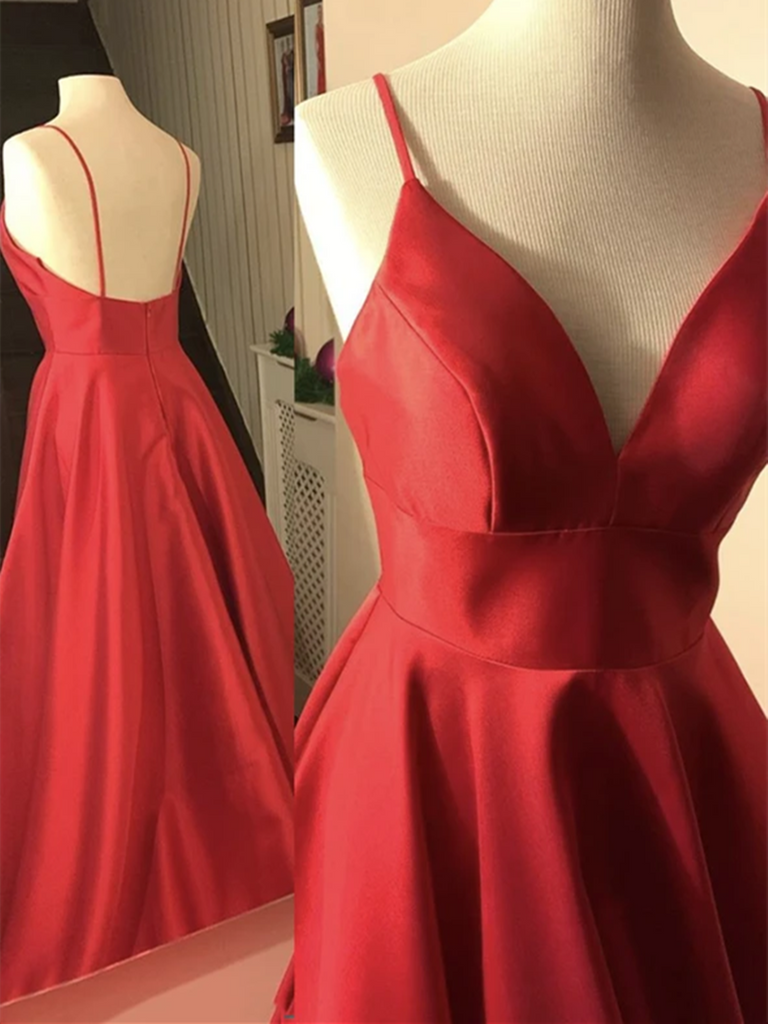 A Line V Neck Backless Red Satin Long Prom Dresses, Red Open Back Long Formal Evening Dresses