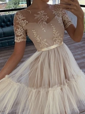 Cute Tulle Lace A Line Prom Dresses, Cute Tulle Lace A Line Homecoming Dresses