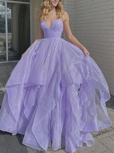 V Neck Purple Tulle Long Prom Dresses, V Neck Purple Tulle Long Formal Evening Dresses