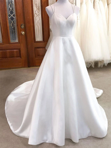 Simple V Neck White Satin  Prom Dresses, V Neck White Satin Long Wedding Dresses, White Bridal Dresses