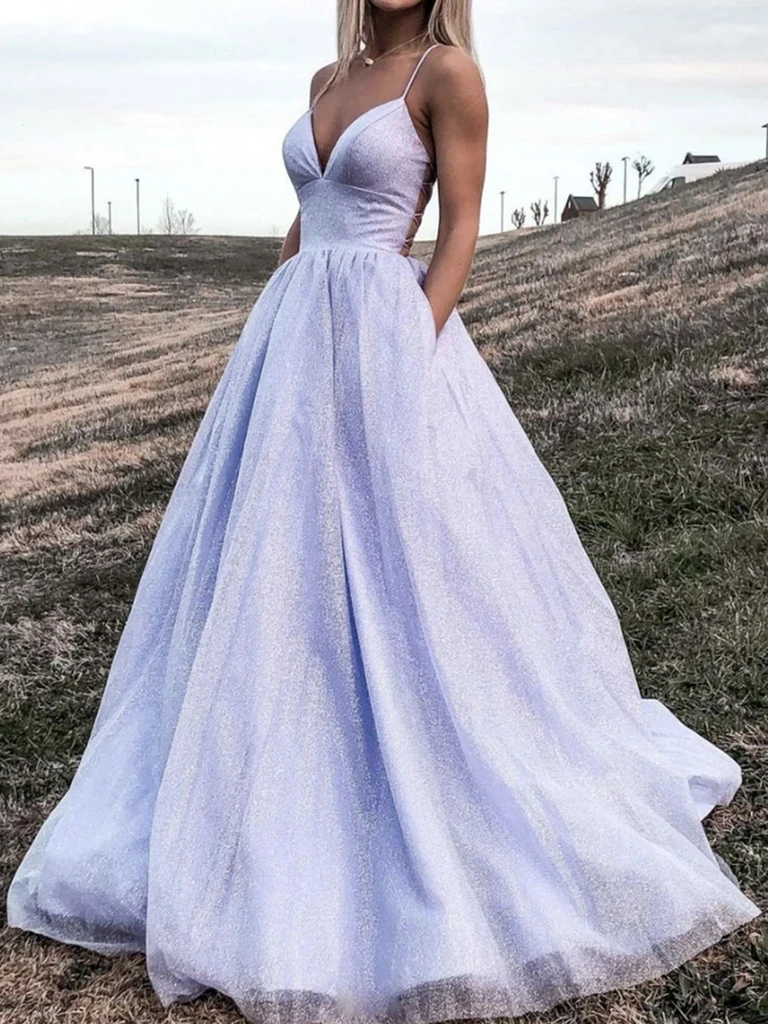 V Neck Backless Purple Long Prom Dresses, Purple Open Back  Long Formal Evening Dresses, Purple V Neck Backless Ball Gown