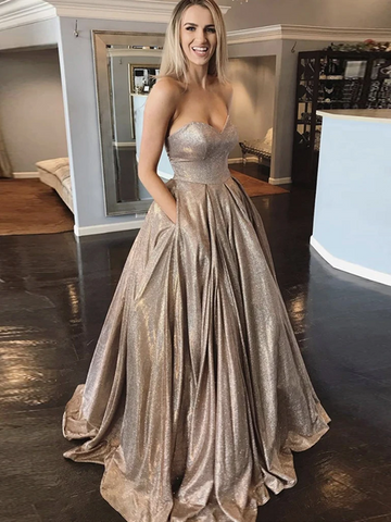 Sweetheart Neck Champagne Long Prom Dresses,  Champagne Strapless Long Formal Evening Dresses