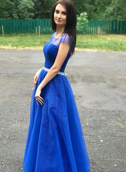 Round Neck Cap Sleeves Blue Prom Dresses, Cap Sleeves Long Blue Formal Graduation Evening Dresses