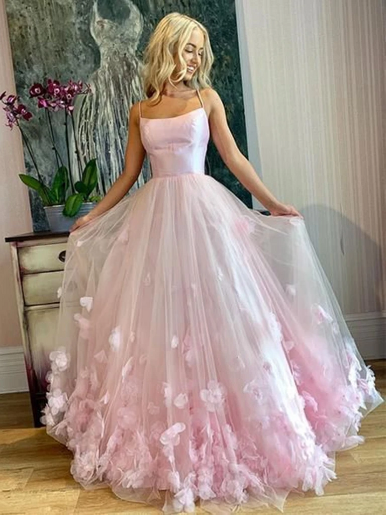 Spaghetti Straps Pink Tulle Floral Long Prom Dresses, Spaghetti Straps Pink Floral Long Formal Evening Dresses