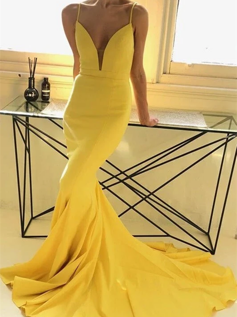 Daisy Yellow Mermaid Plunging Neckline Prom Dresses, Mermaid Yellow Sa morievent Daisy Yellow Mermaid Plunging Neckline Prom Dresses, Mermaid Yellow Sa morievent