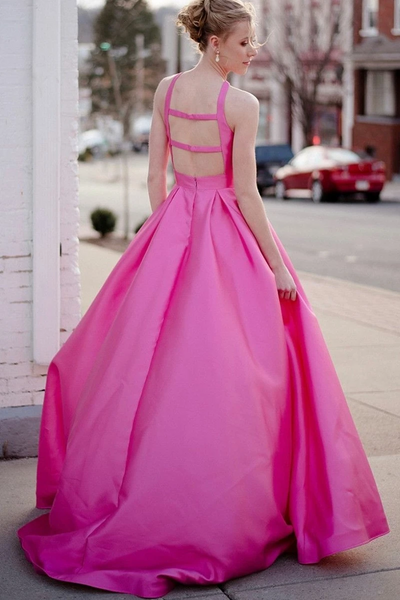 A Line Hot Pink Backless Long Prom Dresses, V Neck Hot Pink Long Formal Evening Graduation Dresses