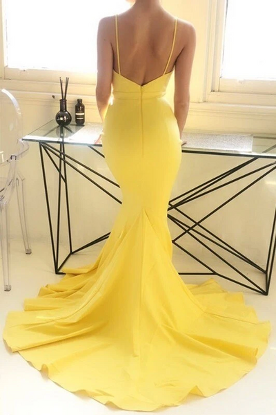 Daisy Yellow Mermaid Plunging Neckline Prom Dresses, Mermaid Yellow Satin Long Formal Evening Dresses