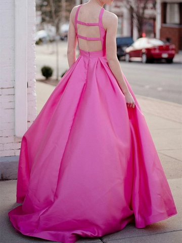 A Line Hot Pink Backless Long Prom Dresses, V Neck Hot Pink Long Formal Evening Graduation Dresses