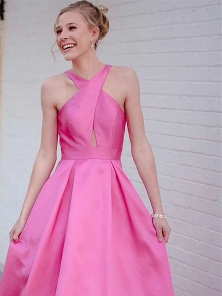 hot pink graduation dress A Line Hot Pink Backless Long Prom Dresses, V Neck Hot Pink Long Forma – morievent