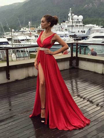 Charming V Neck Deep Red Prom Dresses With High Slit, Charming V Neck Deep Red Long Formal Evening Dresses