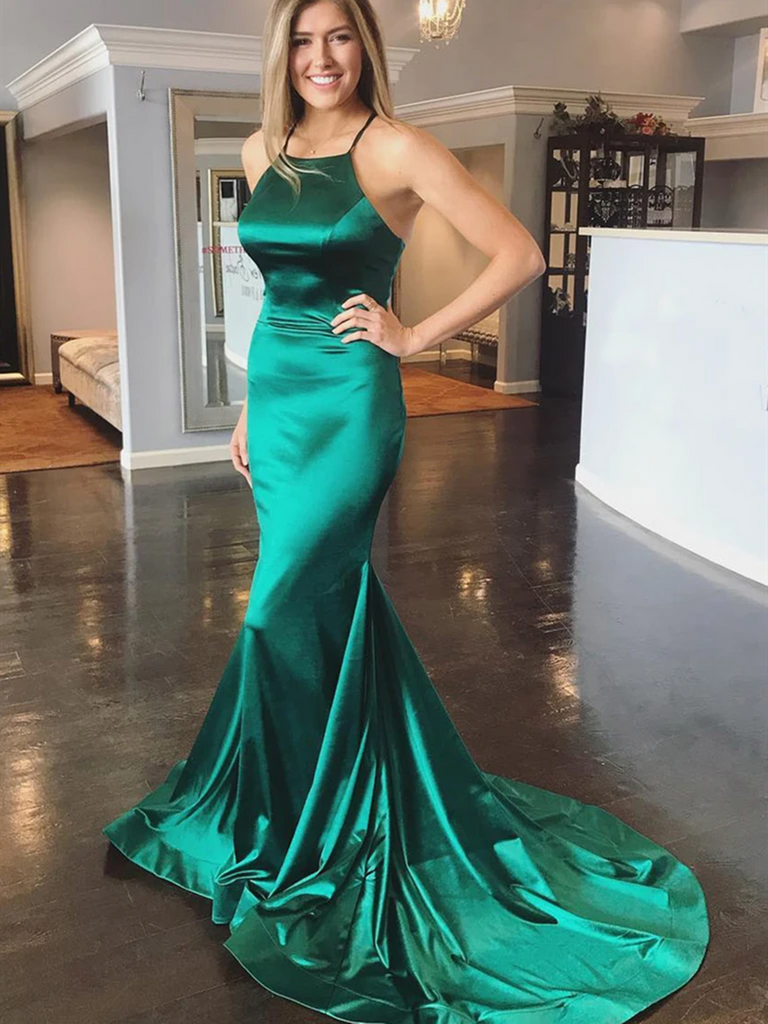 Elegant Green Mermaid Backless Satin Long Prom Dresses with Sweep Trai morievent Elegant Green Mermaid Backless Satin Long Prom Dresses with Sweep Trai morievent