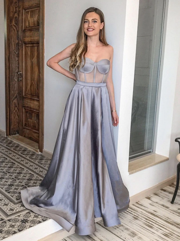 A Line Sexy Sweetheart Neck Silver Gray Long Satin Prom Dresses, Silver Gray Formal Evening Dresses