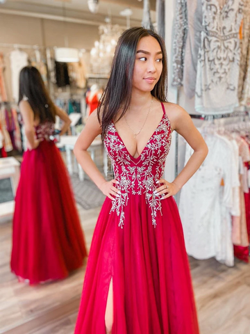 A Line V Neck Beaded Red Long Prom Dresses with High Slit, V Neck Red Formal Evening Dresses