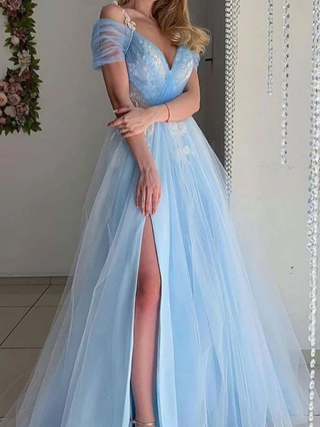 A Line V Neck Blue Off Shoulder Tulle Long Prom Dresses, A Line V Neck Blue Tulle Long Formal Evening Dresses