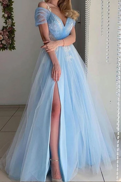 A Line V Neck Blue Off Shoulder Tulle Long Prom Dresses, A Line V Neck Blue Tulle Long Formal Evening Dresses