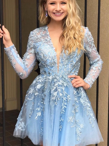 Blue Lace Long Sleeves Short  Prom Dresses, Long Sleeves Short Blue Lace Formal Homecoming Dresses