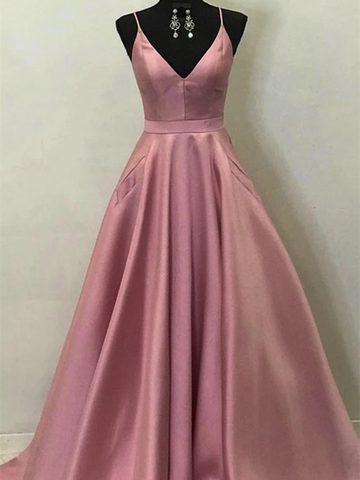 Simple V Neck Pink Satin Long Prom Dresses With Pockets, Simple V Neck Pink Satin Long Formal Evening Dresses
