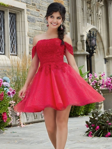 Cute Off Shoulder Red Lace Short Prom Dresses, Red Lace Formal Graduation Homecoming Dresses