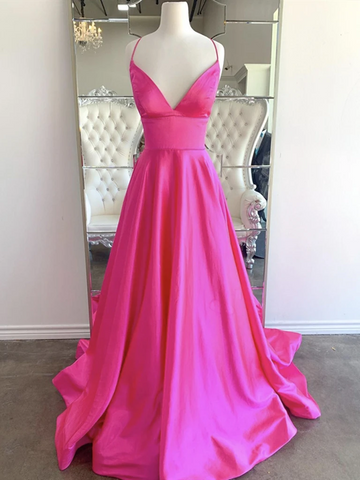A Line V Neck Backless Hot Pink Long Prom Dresses, V Neck Hot Pink Long Formal Evening Graduation Dresses