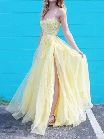 A Line Spaghetti Straps Yellow Lace Long Prom Dress with High Slit, Yellow Lace Formal Graduation Evening Dress