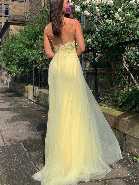 V Neck Yellow Lace Backless Spaghetti Straps Long Prom Dresses,  Yellow Lace  Open Back Long  Formal Evening Dresses