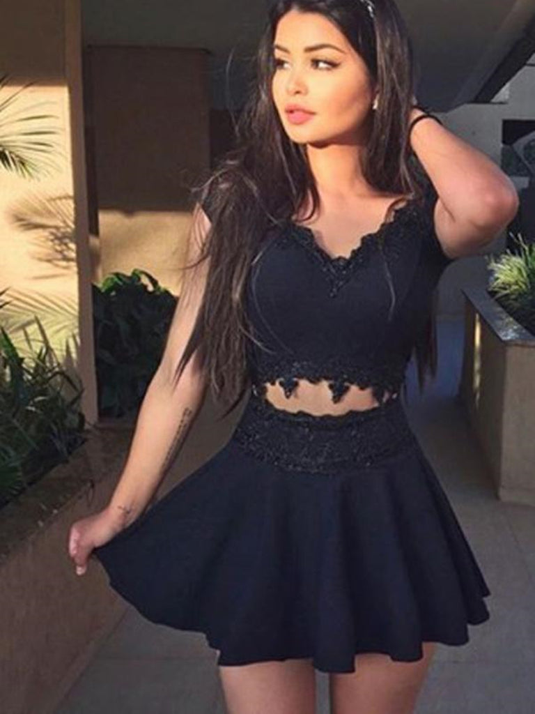 V neck black Cap Sleeves homecoming dresses, V neck lace appliques sho morievent V neck black Cap Sleeves homecoming dresses, V neck lace appliques sho morievent