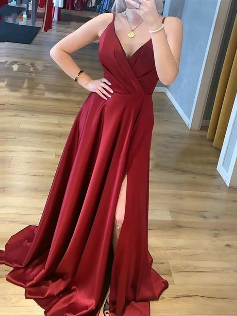 V Neck Burgundy Satin Long Prom Dresses With Leg Slit, V Neck Wine Red morievent V Neck Burgundy Satin Long Prom Dresses With Leg Slit, V Neck Wine Red morievent