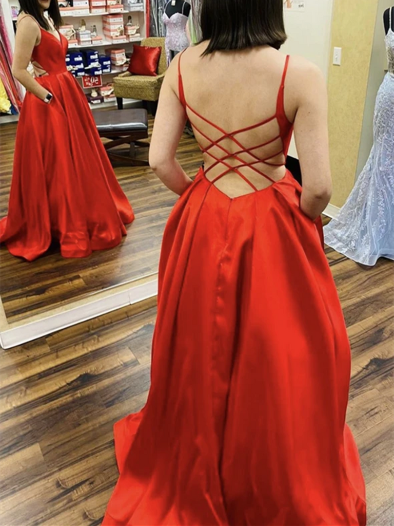 A Line V Neck Backless Red Long Prom Dresses, Open Back Red Satin Long Formal Evening Dresses