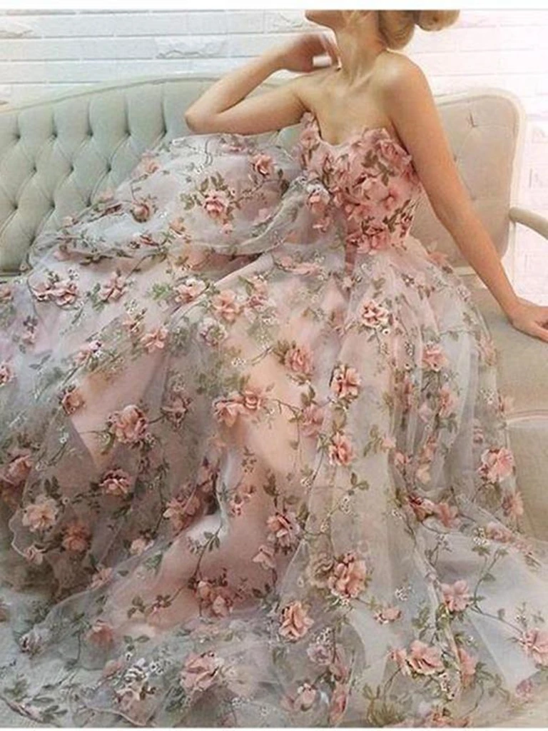 Sweetheart Neck Pink 3D Lace Floral Long Prom Dresses,Pink Floral Long Formal Evening Dresses
