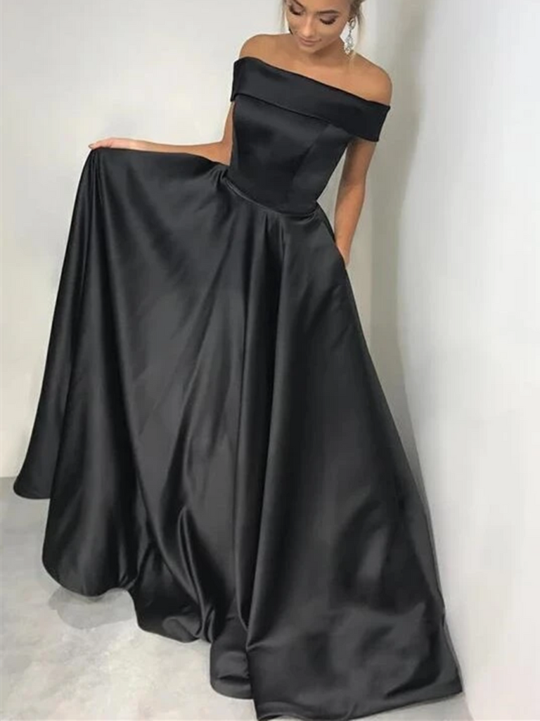 Off Shoulder Black Satin Long Prom Dresses, Off The Shoulder Black Long Formal Evening Dresses