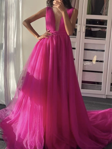 V Neck Pink Tulle Long Prom Dresses, V Neck Pink Tulle Long Formal Evening Dresses