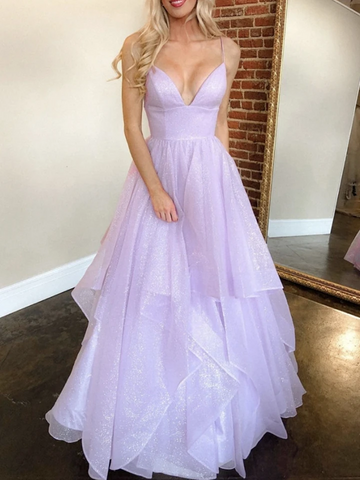 V Neck Purple Tulle Long Prom Dresses, V Neck Purple Tulle Long Formal Evening Dresses