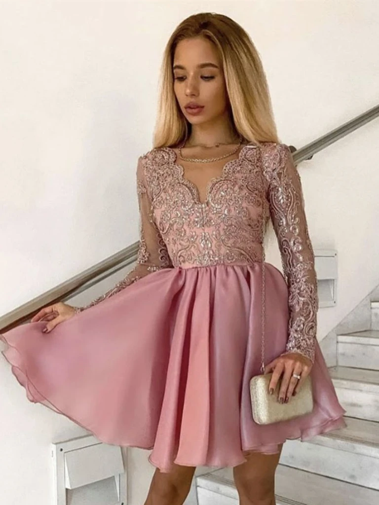 V Neck Long Sleeves Pink Lace Short Prom Dresses, Short Pink Lace Form morievent V Neck Long Sleeves Pink Lace Short Prom Dresses, Short Pink Lace Form morievent