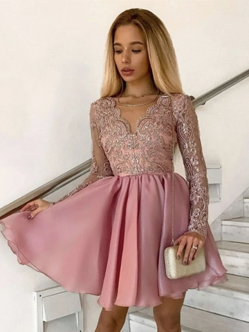 V Neck Long Sleeves Pink Lace Short Prom Dresses, Short Pink Lace Formal Evening Homecoming Dresses