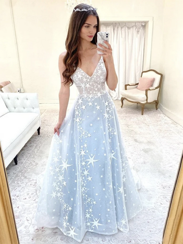 Shiny A Line V Neck Blue Tulle Long Prom Dresses, V Neck Blue Formal Evening Dresses