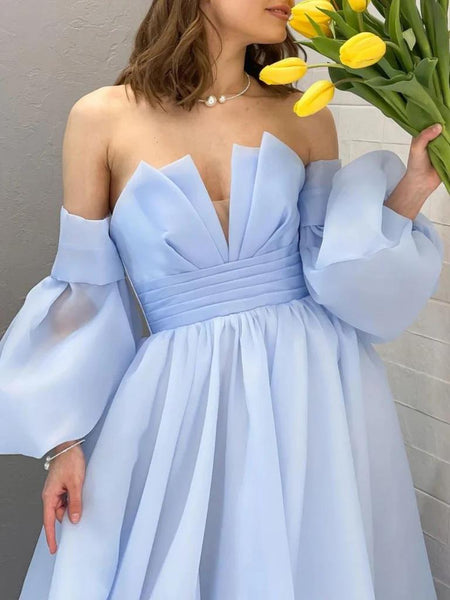 Long Sleeves Light Blue Long Prom Dresses, Light Blue Long Formal Even