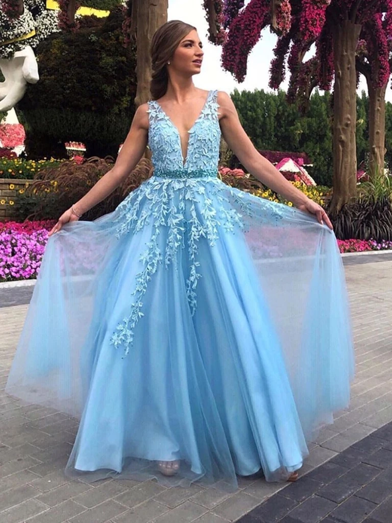 V Neck Light Blue Lace Long Prom Dresses with High Slit, Light Blue Tulle  Lace Formal Evening Dresses EP1724