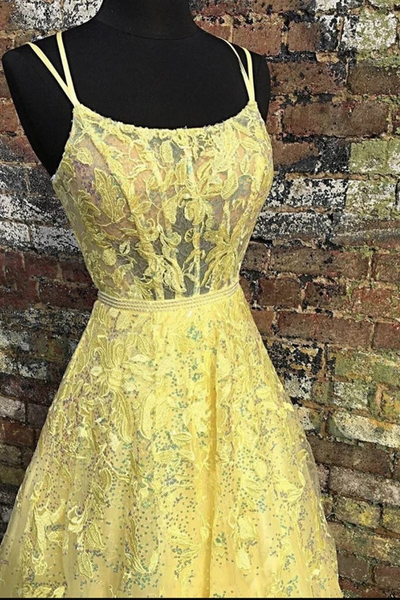 Custom Made Backless Yellow Lace Floral Long Prom Dresses, Open Back Yellow Lace Formal Graduation Evening Homecoming Dresses