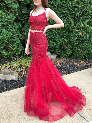 Two Pieces Mermaid Burgundy Lace Long Prom Dresses, 2 Pieces Burgundy Formal Dresses, Burgundy Lace Mermaid Evening Dresses