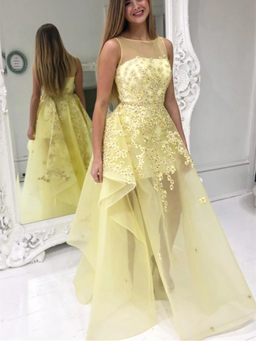 High Low Round Neck Yellow Floral Lace Long Prom Dresses, Yellow Lace Formal  Evening Dresses