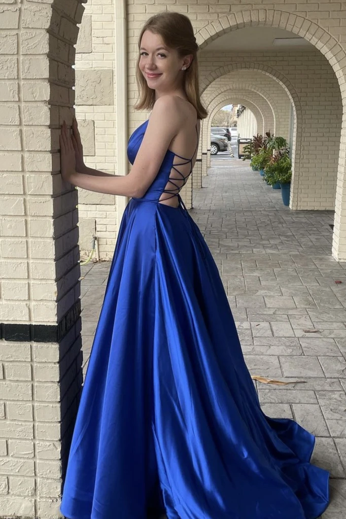 Simple V Neck Blue Backless Satin Long Prom Dresses With Pockets