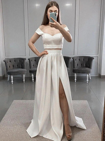 Two Pieces Off Shoulder White Satin Prom Dresses, 2 Pieces White Long Formal Evening Dresses