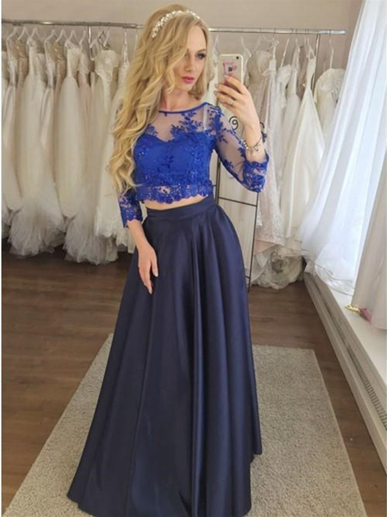 Round Neck Dark Blue Two Piece 3/4 Sleeves Prom Dress with Appliques, morievent Round Neck Dark Blue Two Piece 3/4 Sleeves Prom Dress with Appliques, morievent
