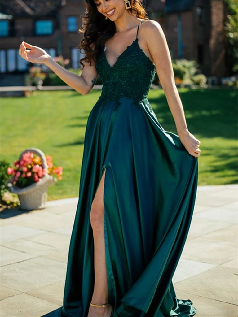 A Line V Neck Dark Green Lace Top Long Prom Dresses with Slit, Dark Gr –  morievent