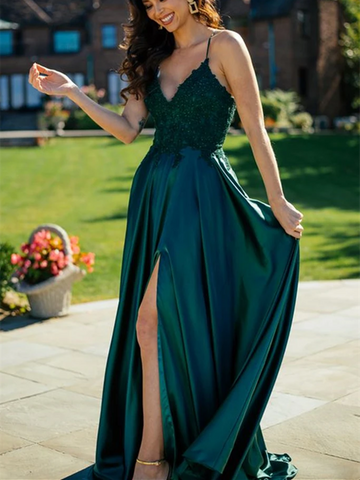 A Line V Neck Dark Green Lace Top Long Prom Dresses with Slit, Dark Green Lace Formal Graduation Evening Dresses