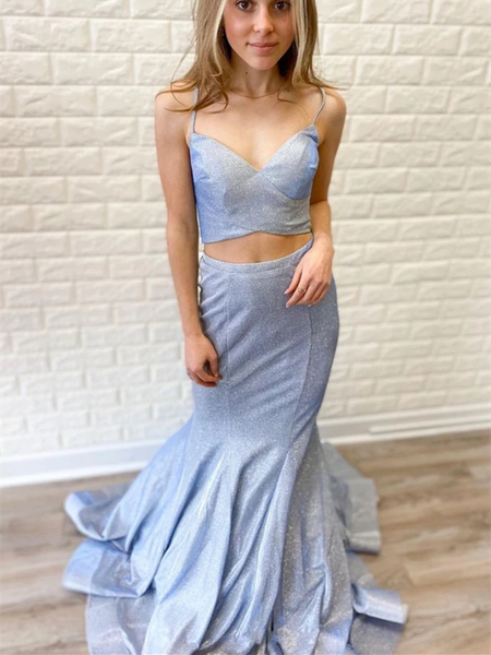 V Neck Two Pieces Gray Blue Mermaid Long Prom Dresses, 2 Pieces Gray Blue Mermaid Long Formal Evening Dresses